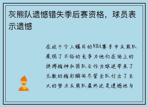 灰熊队遗憾错失季后赛资格，球员表示遗憾